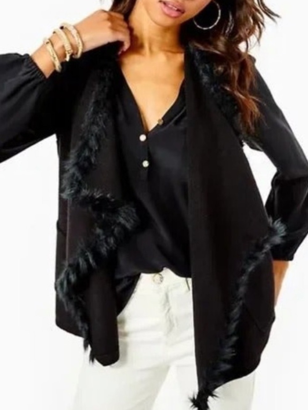 Lilly Pulitzer Fur Trim Vest Small Open Front Black Glam Maximalist